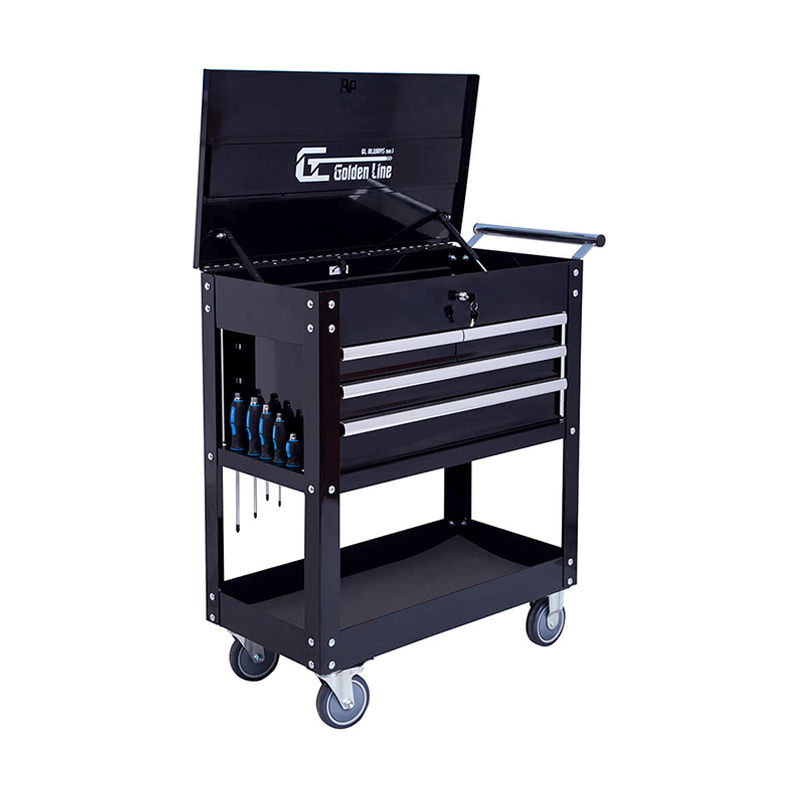 Carrinho de ferramentas de metal preto com 3 gavetas GL304