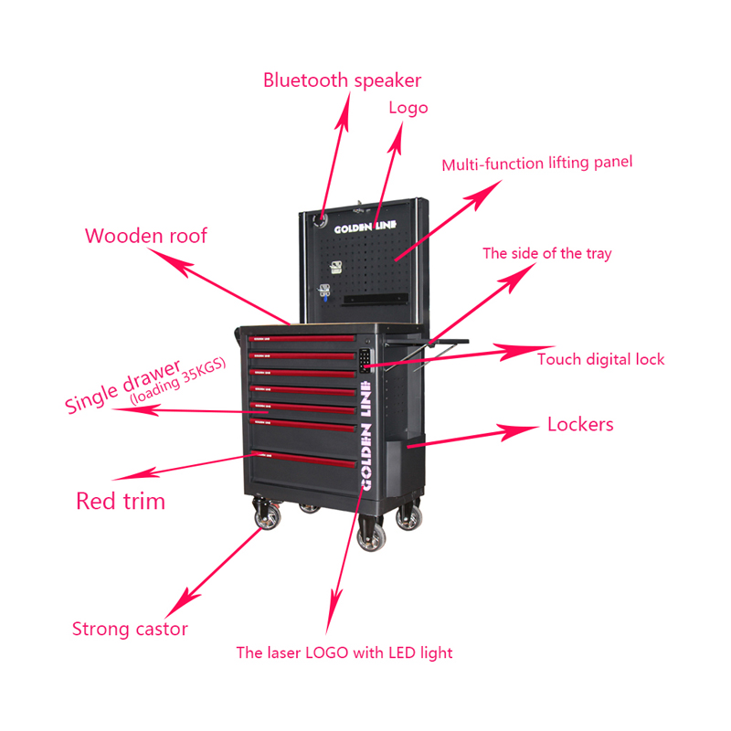 Carrinho de ferramentas para gabinete de ferramentas com fechadura digital GL3307-SS com bandeja lateral e alto-falante Bluetooth