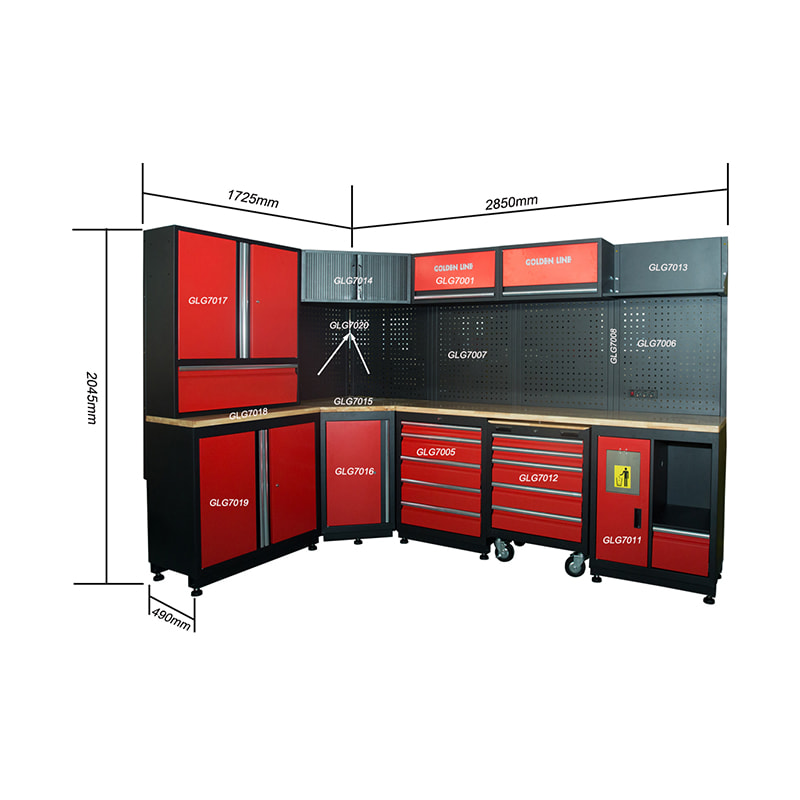 Bancada modular de aço para armazenamento de garagem GLG7000C com armário de ferramentas de canto e caixa de ferramentas de metal vermelho